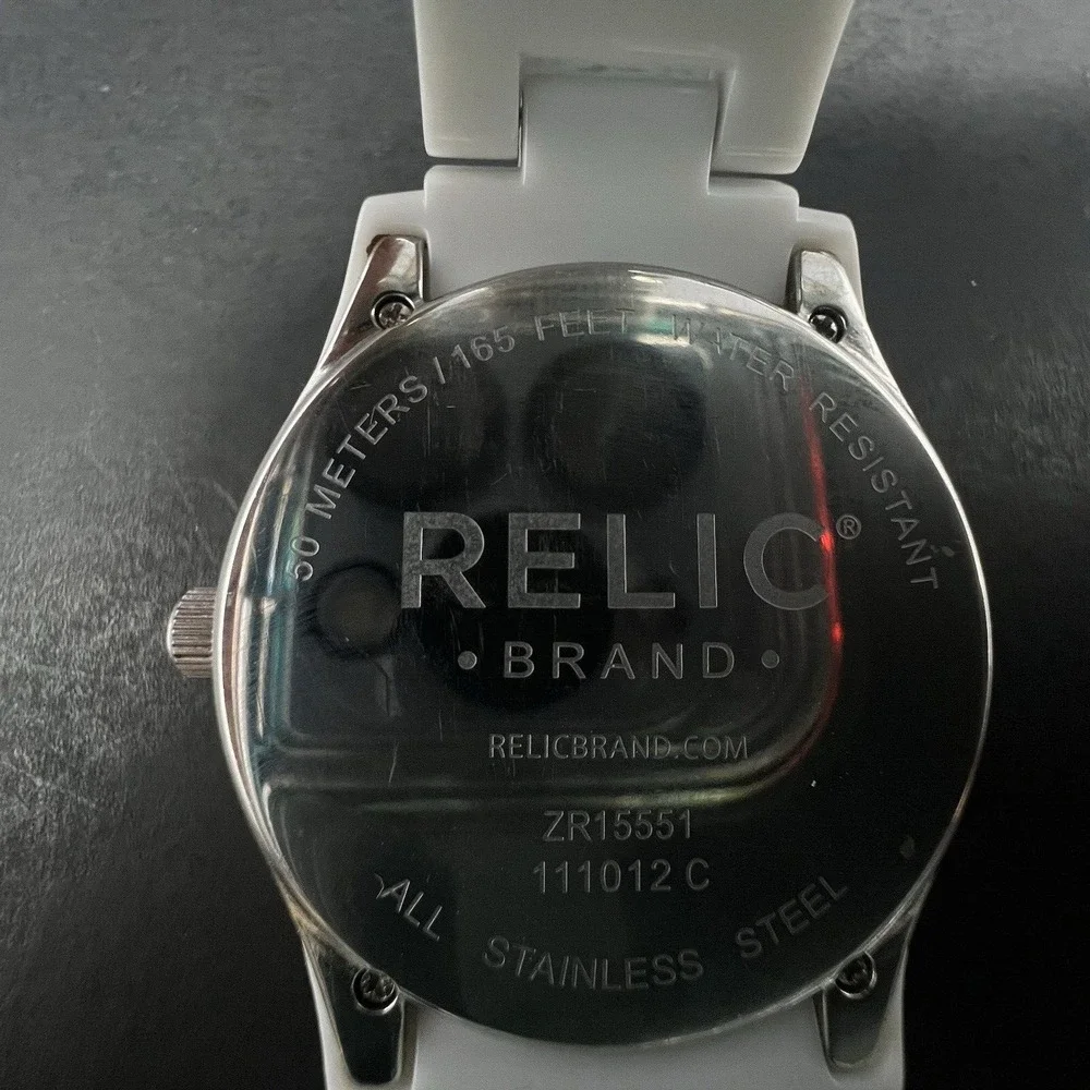 Relic Women's Watch White Band Analog Rhinestone Bezel 165FT Water Resistant